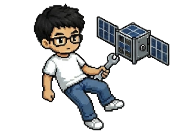 Pixel art of Eric Sun working on a satellite